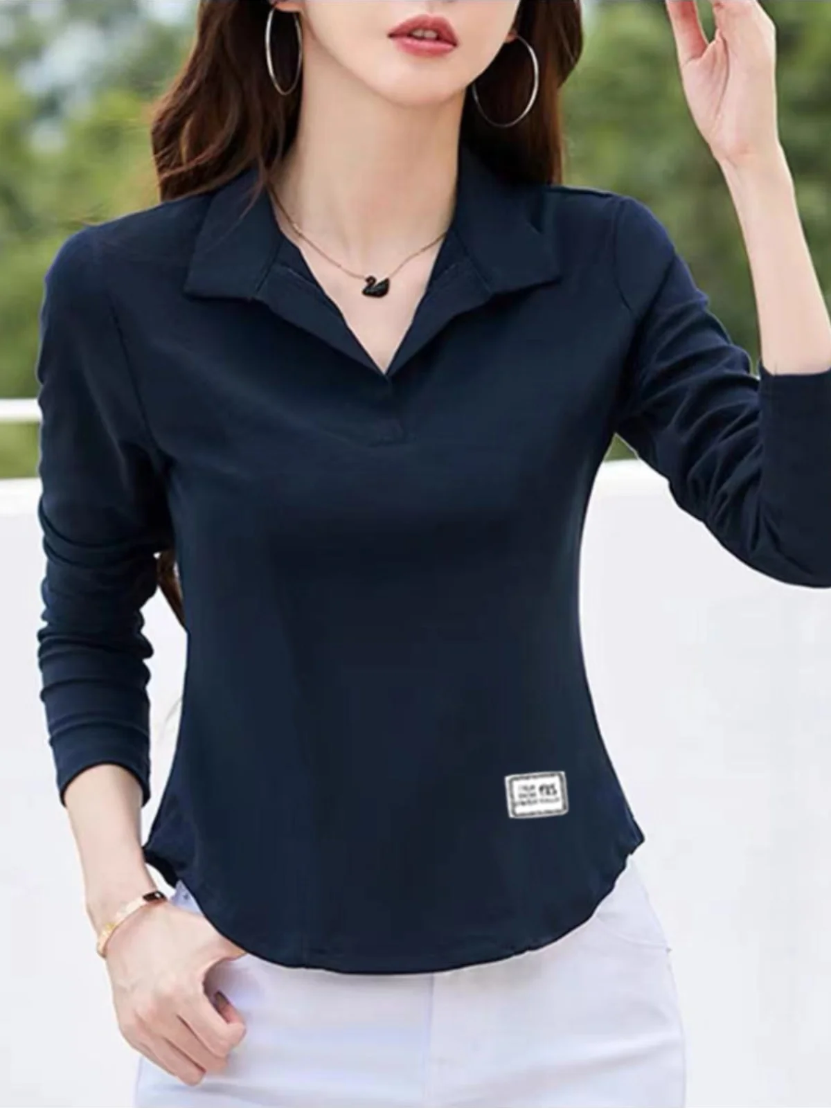 Модная рубашка из чистого хлопка с воротником-поло и длинными рукавами женская