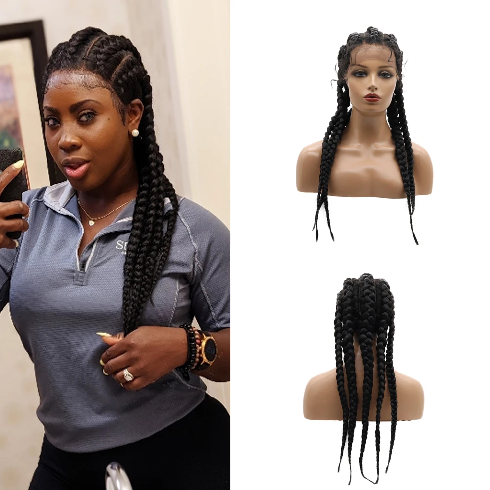 Angle Lucky Black Braided Wig for Women Synthetic Handmade 5 Braids Lace Front Wig Heat Resistant Glueless Wigs for Party Makeup