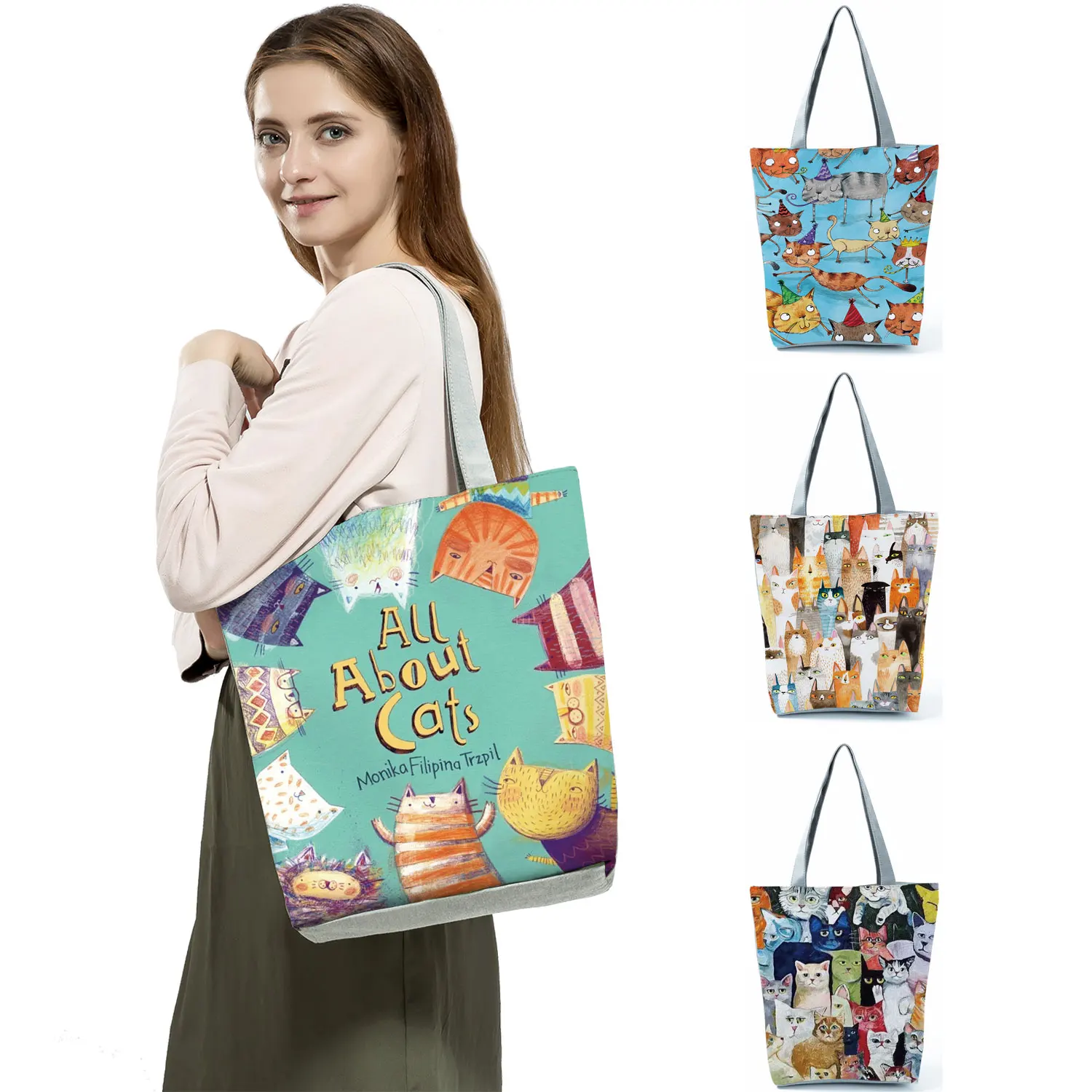 

Design Cute Cartoon Anime Cat Print Tote Bag Women Fashion Handbags School Travel Shopping Reusable Shoulder Bags Custom Pattern