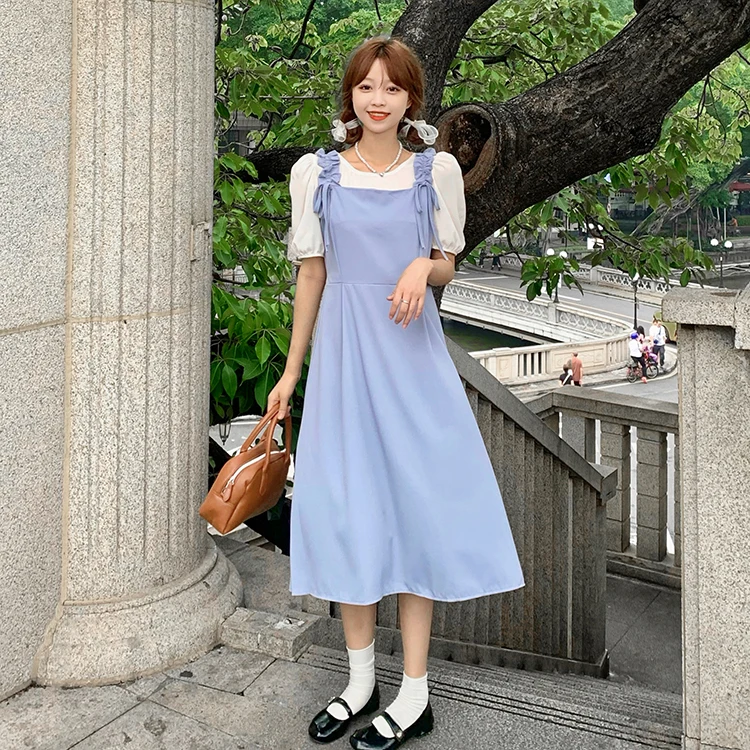 

Женское платье на бретелях, голубое летнее платье средней длины в Корейском стиле, 2022