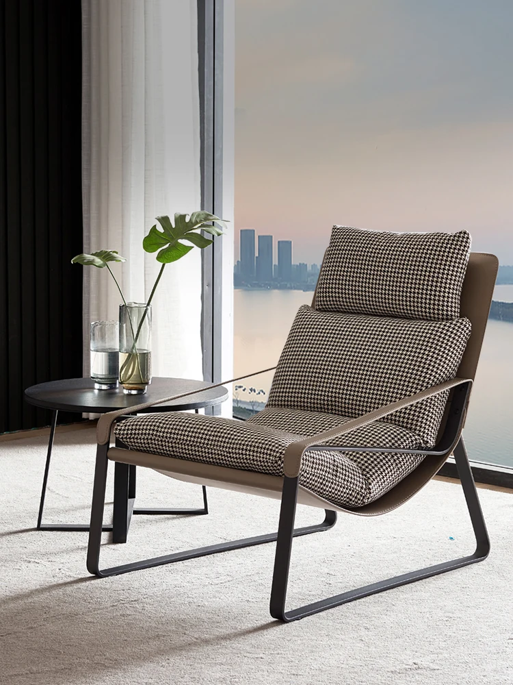 

Minimalist Houndstooth Leisure Chair Sofa Recliner Saddle Leather High Back Lazy Living Room Chair