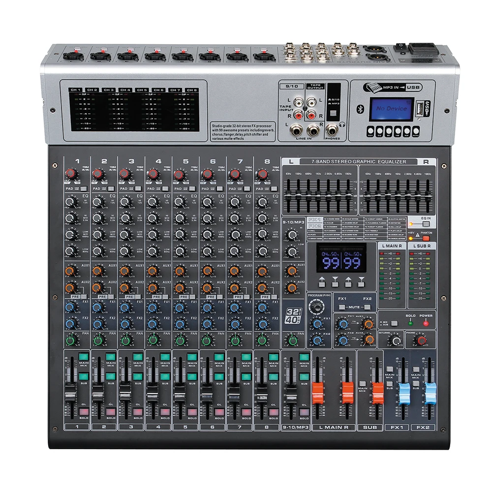 

10-channel Professional Audio Mixer Console +48V Phantom Power 99 DSP Effects Bluetooth USB Computer Play For Stage Performance