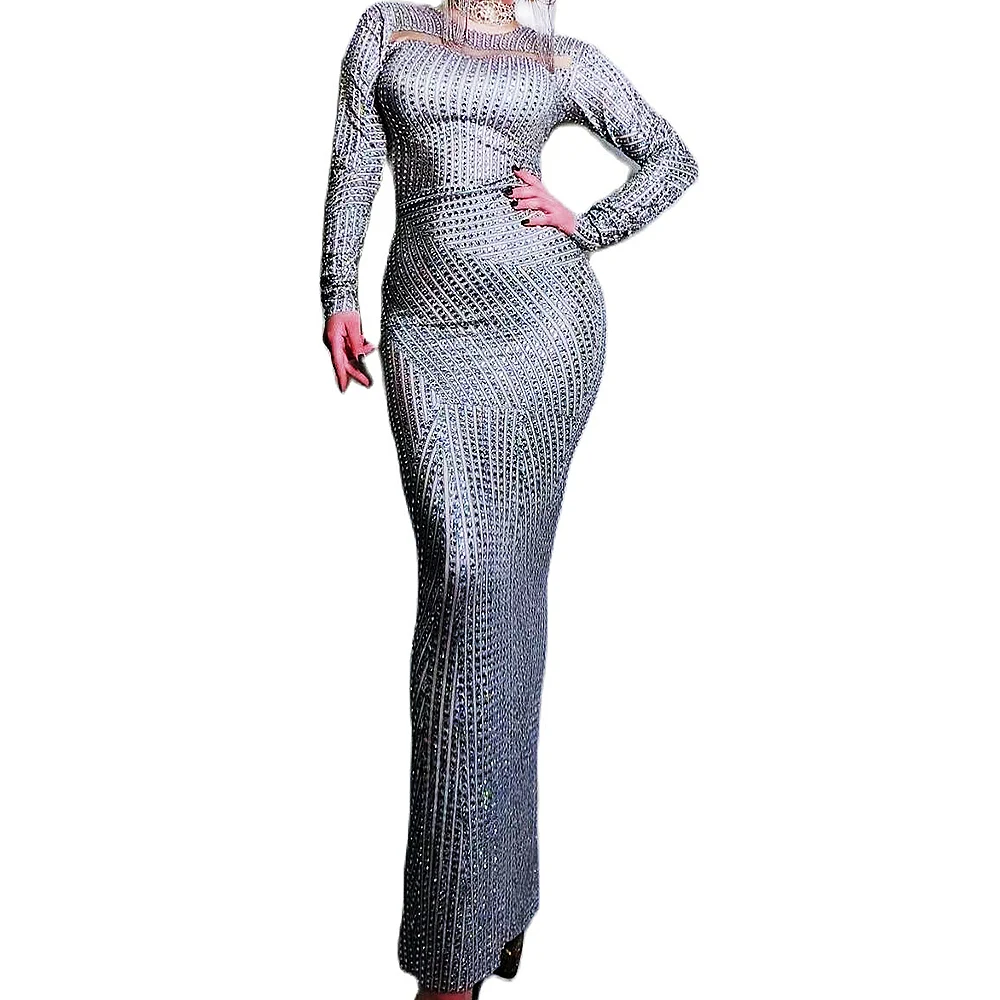 

Silver Shining Rhinestones Sparkle Crystal Zipper Women Dress Evening Party Birthday Party Bar Festival Drag Queen Outfits