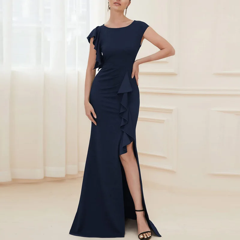 

2022 Women Elegant Dresses Short Sleeves Prom Dress Sexy Slit Dress Evening Party Solid Long Robes Ruffles Gowns vestidos mujer