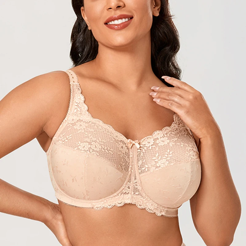 Sexy Women's Comfortable Wireless Lace Bra Unlined Full Coverage Floral Mesh Underwear 36 38 40 42 44 C D DD E F G Solid Black