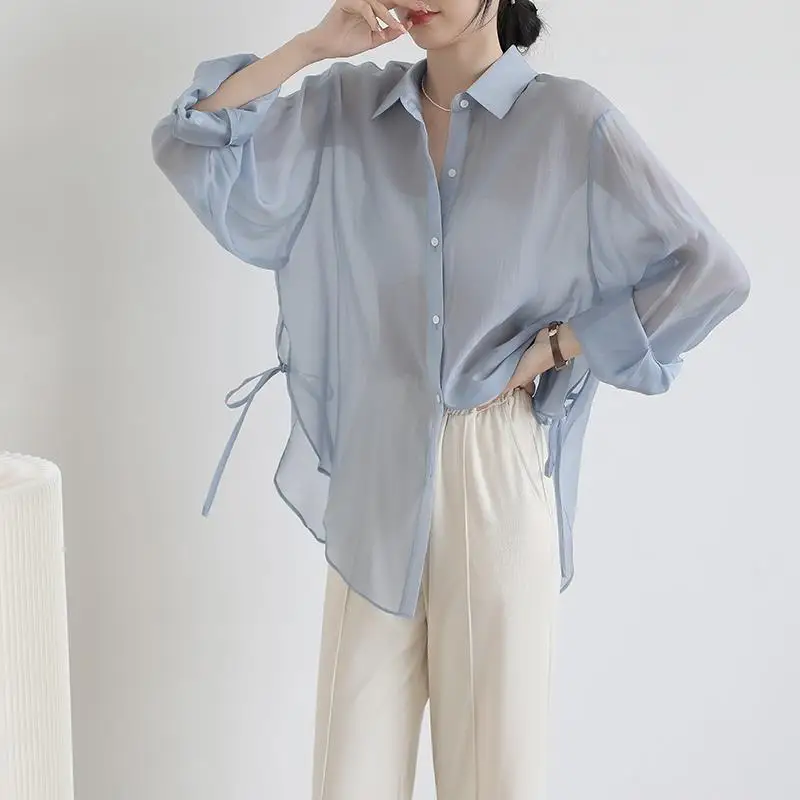 

Summer New Thin Split Hem Lacing Shirt Tops Long Sleeve Loose All-match Blouse Trend Korean Fashion Women Clothing