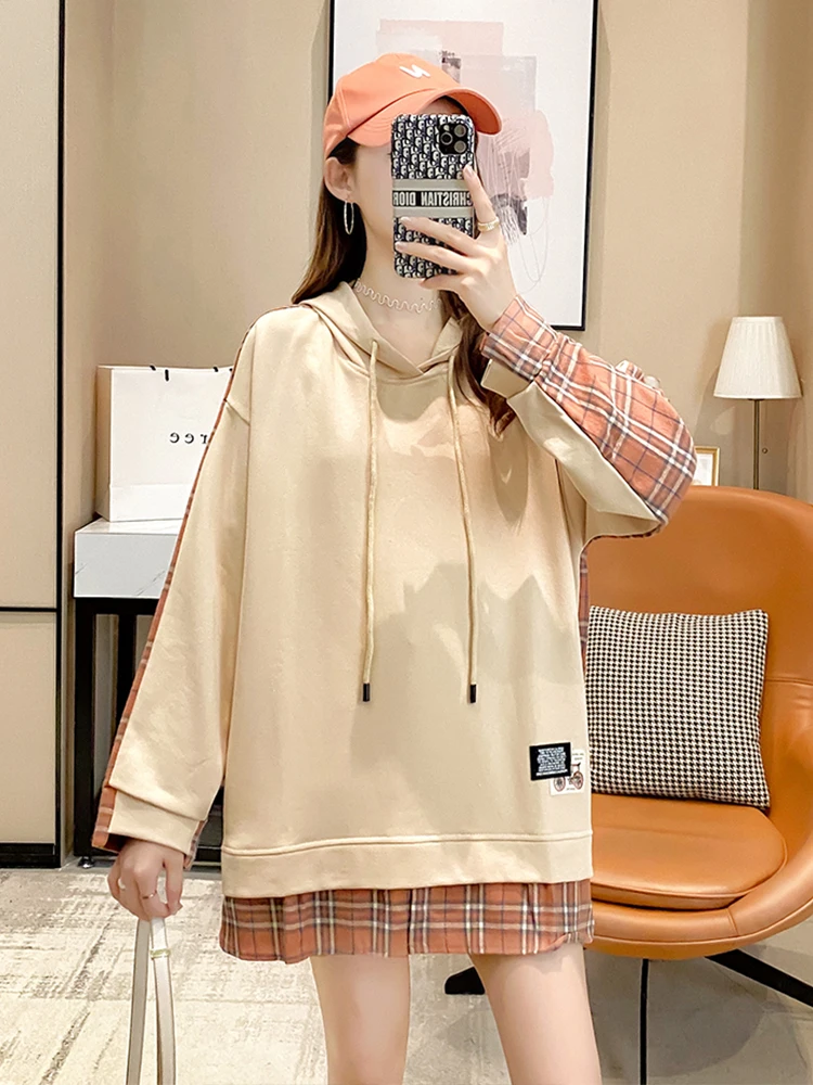 

Women Casual Fake Two Piece Long Sleeve Hoodies Sweatshirts Fashion British Style Fake Plaid Shirt Loose Pullover Autumn Clothes