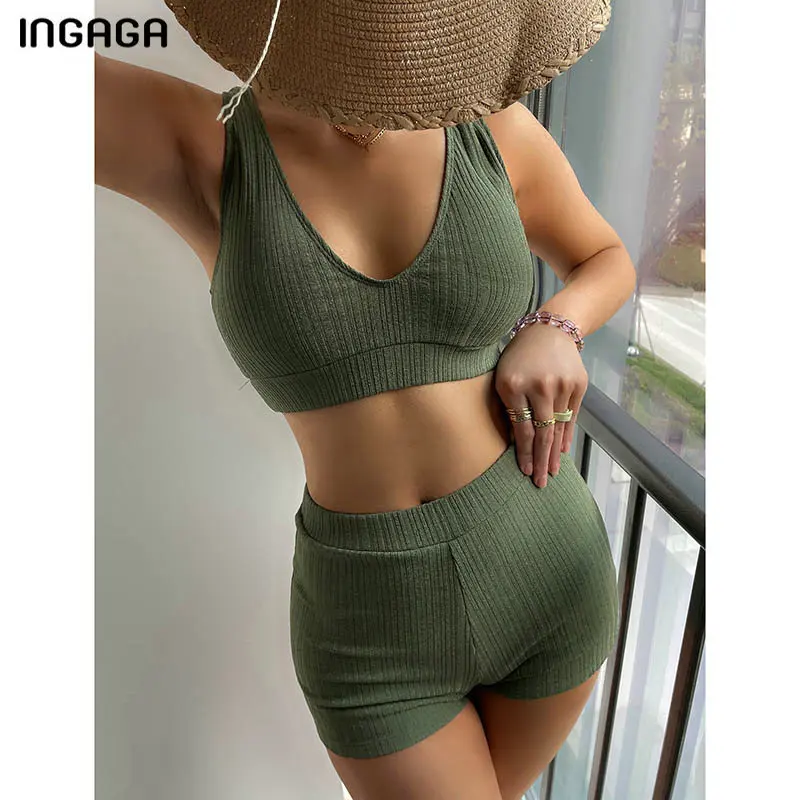 

Комплект бикини INGAGA с высокой талией, однотонный купальник, женский купальник, новинка 2022, купальный костюм для мальчиков, бикини в рубчик, ж...