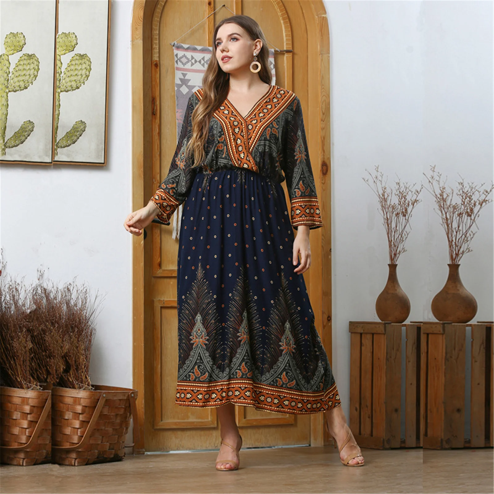 

Ladies Fashion Boho Dress Women Plus Size Chic Dresses Long Sleeve V-Neck Party Holiday
