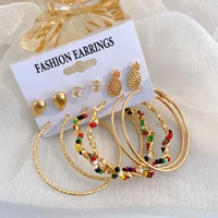 korean trendy geometirc round hoop earrings for women gold alloy pineapple bead stud earrings fashion summer jewelry 6 pairs