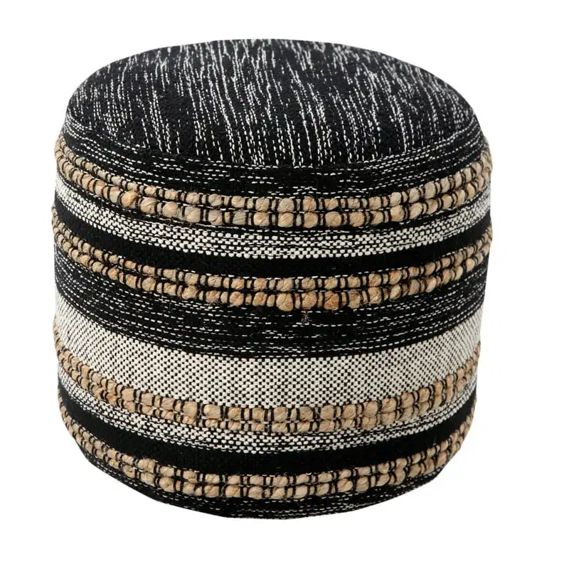 

Modern Boho Striped Jute Pouf, Black & White, 18" x 18" x 14"