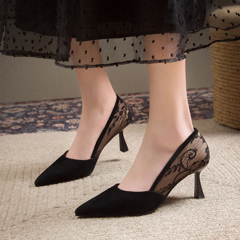 

Сексуальные черные кружевные туфли на высоком каблуке-Женские флоковые туфли без шнуровки на тонком каблуке с острым носком для цветочной идентификации