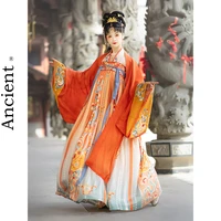 new hanfu woman han suit folk dance one piece tang printed skirt summer embroidered large sleeved shirt cosplay orange red suit