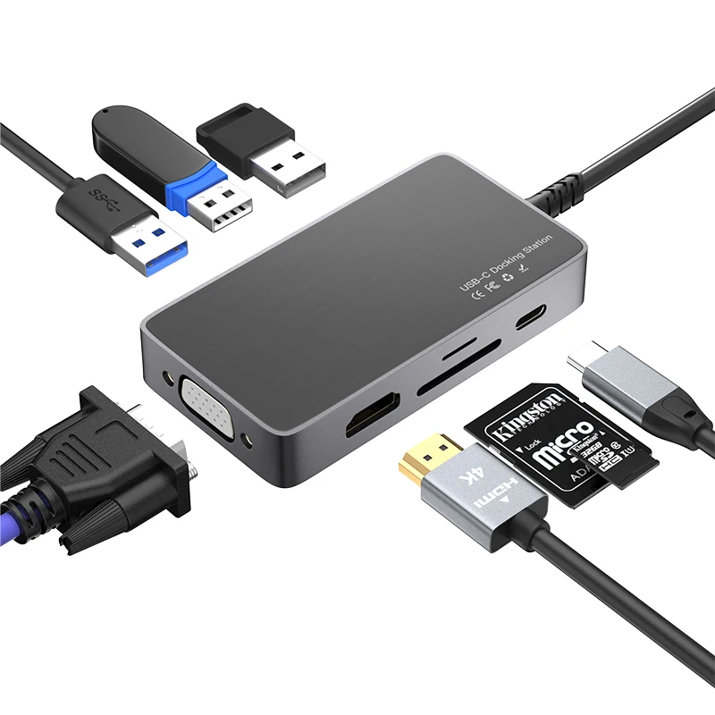 Док-станция USB C 8-в-1 Адаптер типа 4K HDMI USB-концентратор Разветвитель VGA Устройство