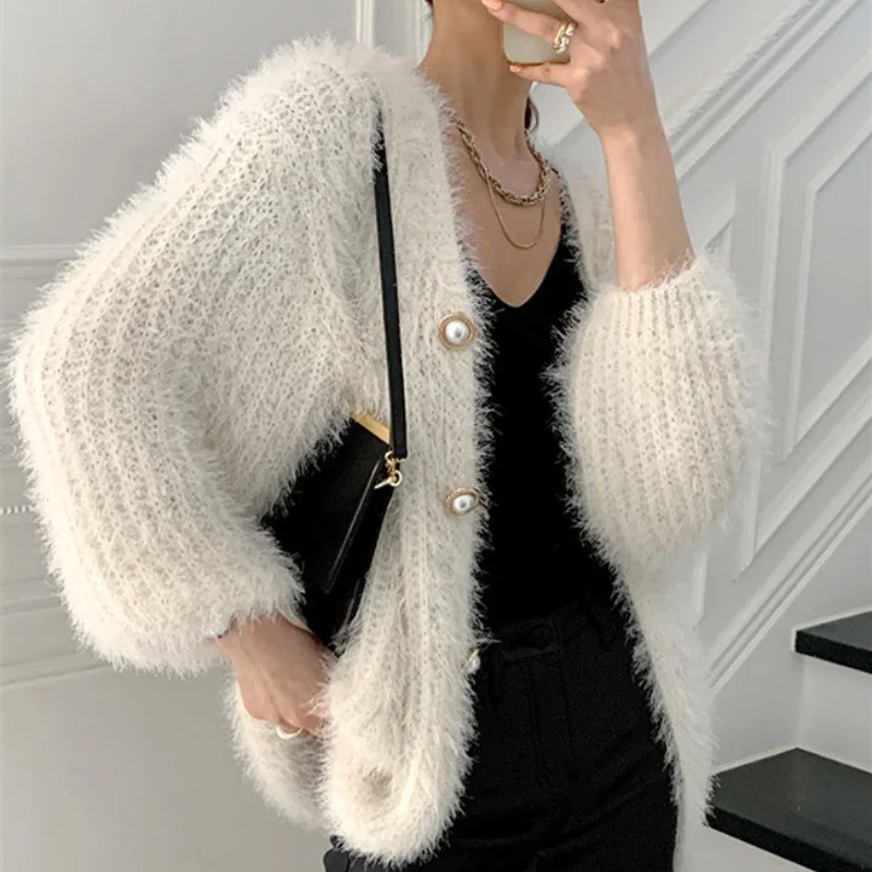 

Autumn/Winter Women's V-neck Cardigan Knit Mohair Fashion Loose Single-breasted Cardigan Sweater Jacket Thick Crochet Jacket