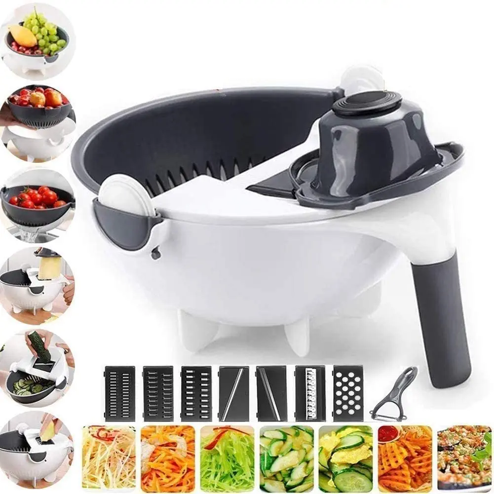 

9 In 1 Multifunction Vegetable Cutter With Drain Basket Magic Rotate Vegetable Slicer Grater Kitchen Supplies