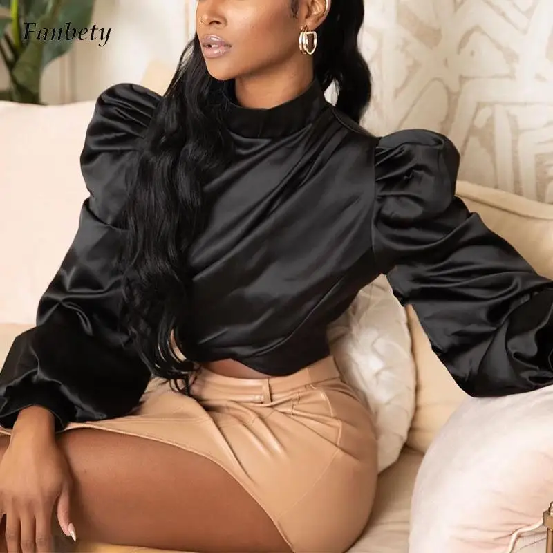 

Elegant Fashion Women Solid Blouses Tops Spring Fashion Lantern Sleeve Mock Neck Pullover Ladies Shirt Blouse Casual Streetwear