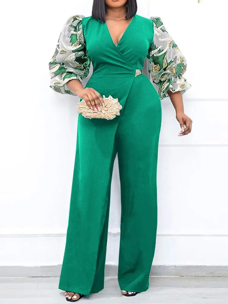 

Office Overall Women Elegant Party Jumpsuits VONDA Vintage 3/4 Sleeve V Neck Playsuits Casual Pants Playsuits Pantalon Femininas