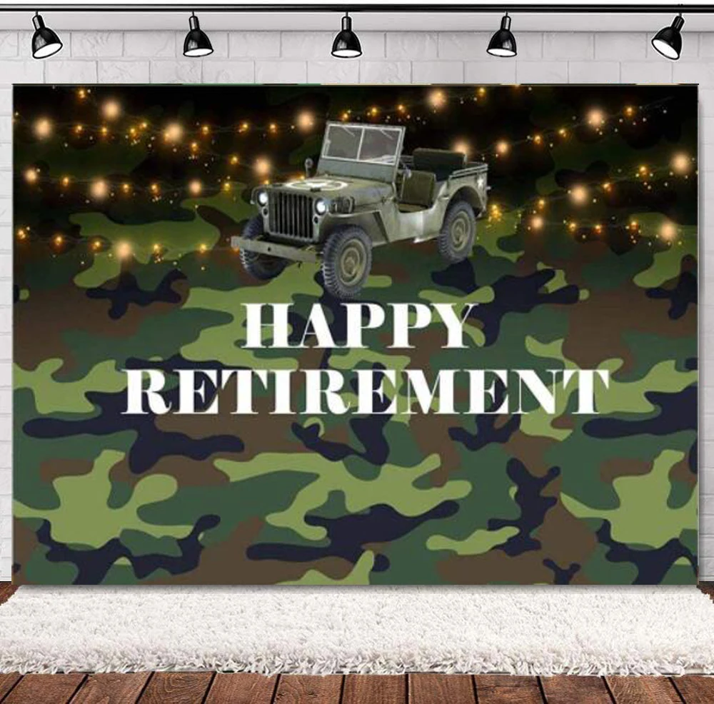 

Retired Soldier Happy Retirement Party Decoration Photography Backdrop Army Green Camouflage Background Cake Table Banner