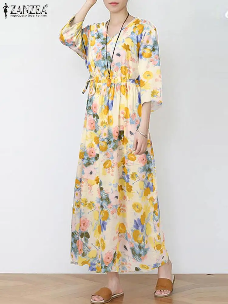 

ZANZEA Women V Neck Long Dresses Bohemian Flower Printed Fashion 3/4 Sleeve Vestidos Holiday 2023 Waisted Drawstring Maxi Robes