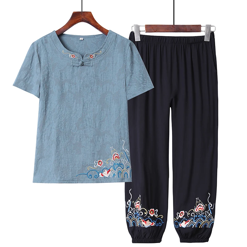 

Grandma's new cotton linen two-piece suit middle-aged elderly mothers summer Female short-sleeved loose embroidery clothing sets
