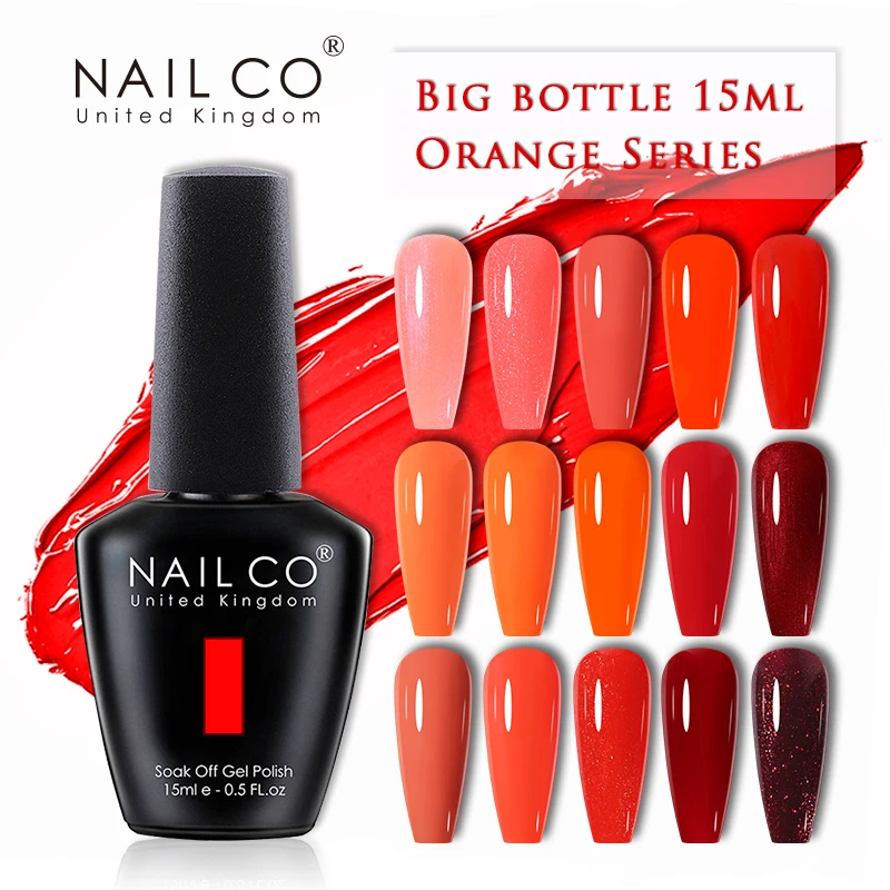 NAILCO 15ml Orange Color Nail Gel Polish Semi Permanent Red Pink Gellack Nail Art Salon Soak Off UV LED Glitter Nail Gel Varnish