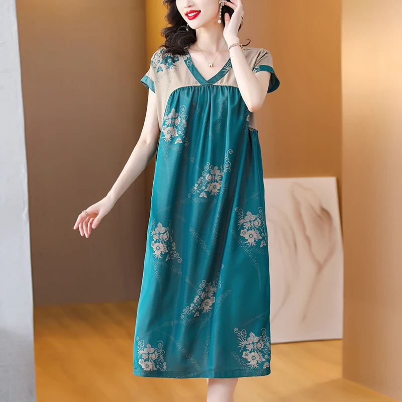 2023 Floral Silk Elegant Casual Midi Dress Spring Summer Boho Fashion Loose Prom Dress Women Korean Vintage Luxury Holiday Dress