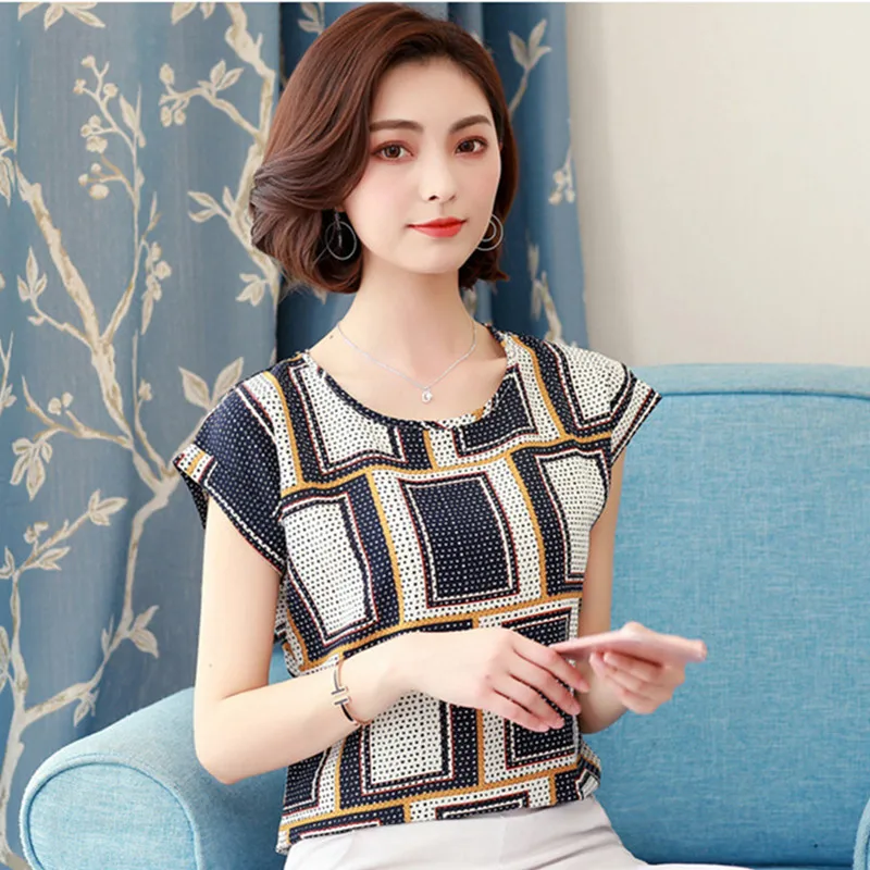

Женские рубашки с геометрическим принтом, шифоновые блузки с коротким рукавом, женские летние пляжные повседневные пуловеры, топ, Женская Б...