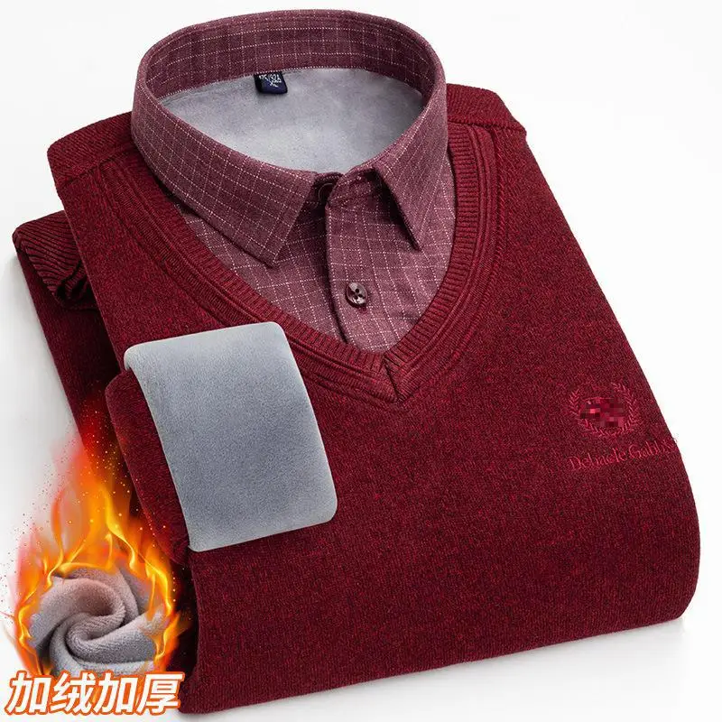 Men's Business Casual Pullover 2022 New Fake Two Pieces Of Autumn And Winter Plus Velvet Padded Shirt Collar Warm Sweater 6xl