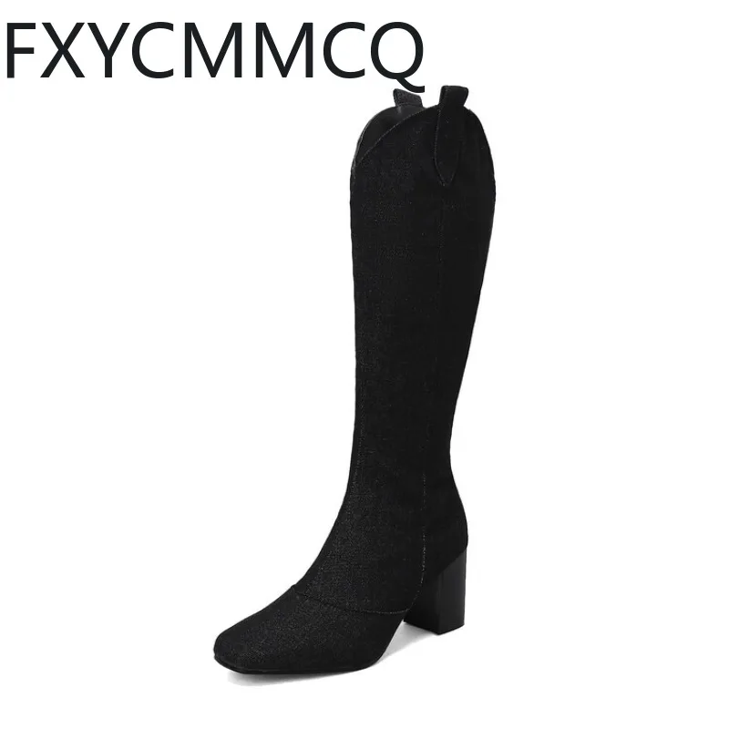 

FXYCMMCQ Women's Winter Denim Foreign Trade Simple Size 34-48 Fashion All-in-one Boots Thick Heel Slimming Solid Color 696
