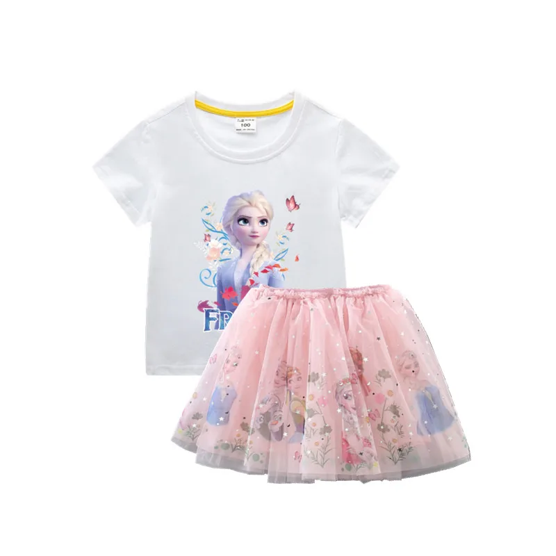 

Summer Kids Clothes Elsa Princess Short Sleeve Shirt&anna Mesh Skirt Pretty Little Girls Clothing Party Children Outfits Set