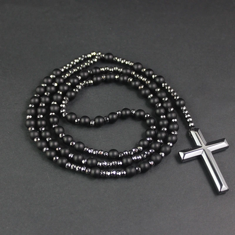 

Christ Jesus Ntural Gemstone Beads 8mm Rosary Bead Hematite Cross Pendant Woven Rope Chain Long Necklace Religious Jewelry