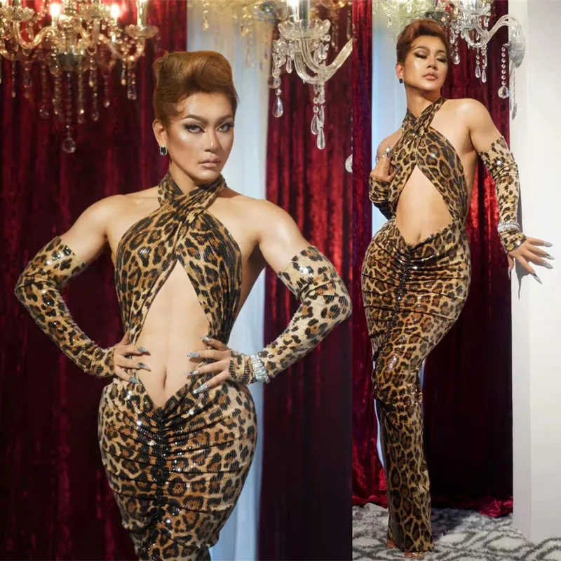 

Sexy Backless Halter Leopard Bodycon Long Dress With Gloves Women Birthday Evening Party Catwalk Dresses Bar Singer Stage Wear