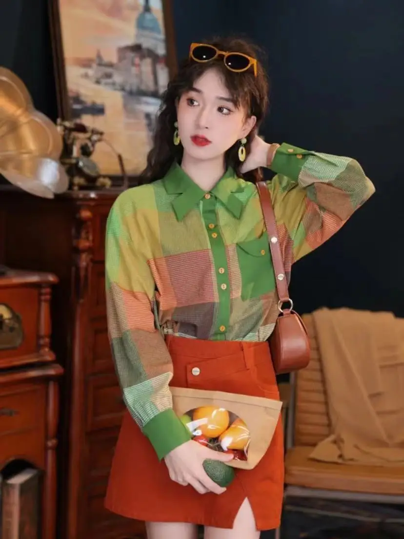 Свободная разноцветная ретро-рубашка в гонконгском стиле с длинными рукавами