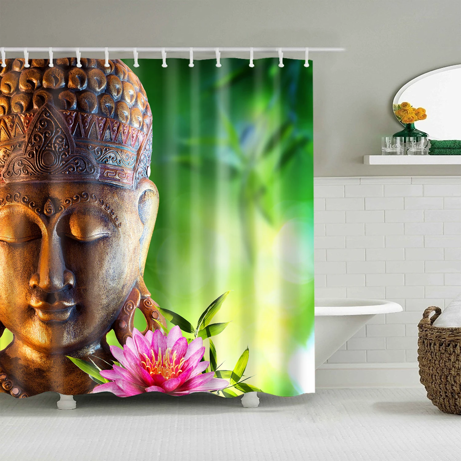 

Rural Landscape Creek Stone Lotus Buddha Bathroom Curtain Frabic Waterproof Polyester Bathroom Curtain with Hooks Shower Curtain