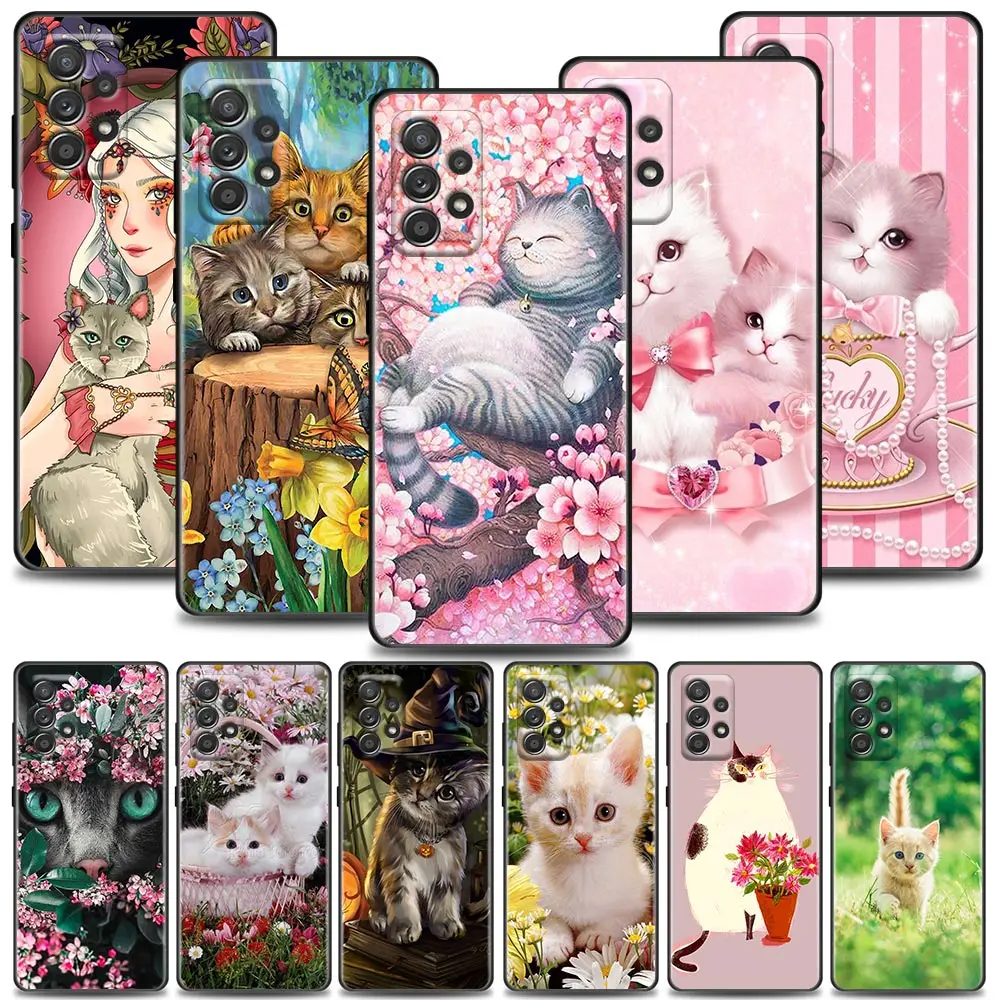 

Phone Case For Samsung Galaxy A72 A52 A53 A71 A91 A51 A42 Note 20 Ultra 9 10 Plus 5G Cases Cover Cute Cartoon Cat Flower Animal