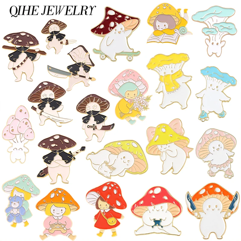 

Mushroom Girl Swordsman Enamel Pins Knife Reading Cartoon Cute Brooches Badge Jacket Backpack Accessories Gift Women Men Jewelry