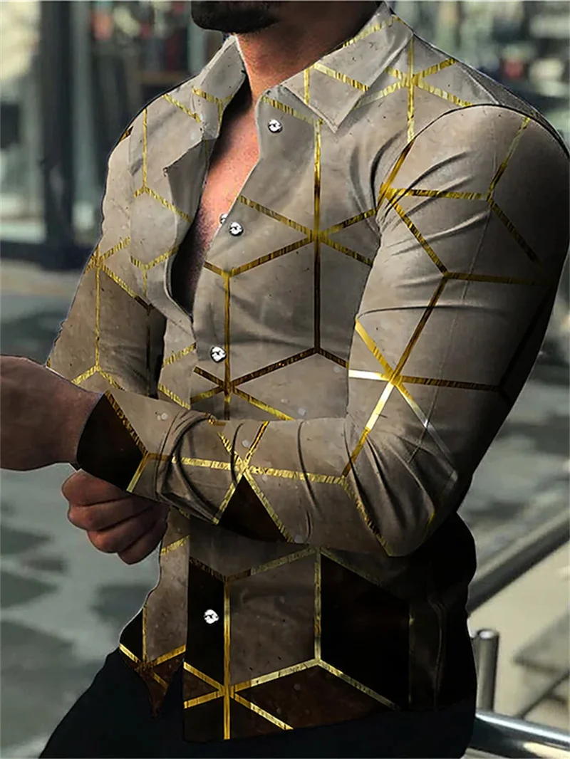 Spring Autumn Men's Luxury Fashion Shirts Print Lapel Designer Slim Long Sleeve Button-Up Shirts Cozy Social Club Prom Bar
