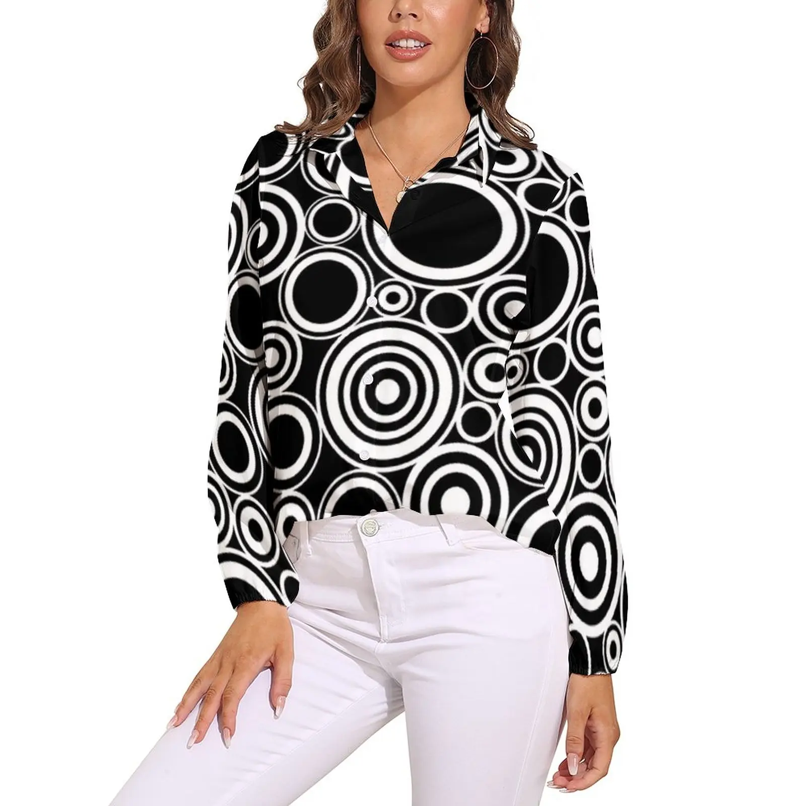 

Блузка женская с длинным рукавом, свободная рубашка с геометрическим принтом, в стиле ретро, модный топ с кругами, черная белая уличная одеж...