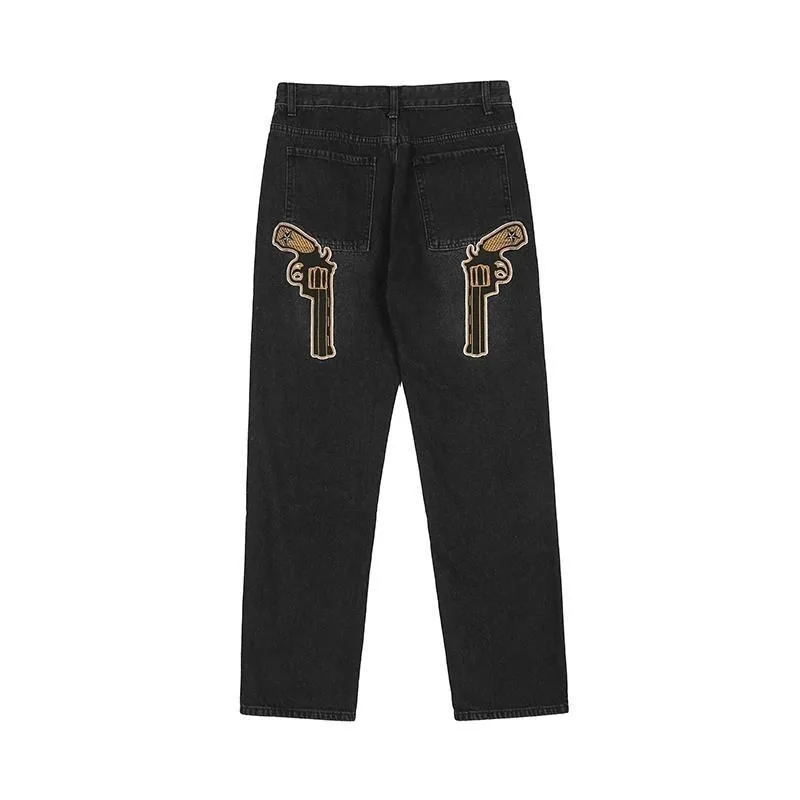 2022 New American West Coast Street Hip Hop Embroidery Pistol Leisure Jeans Men And Women Loose Straight High Wais Long Pants