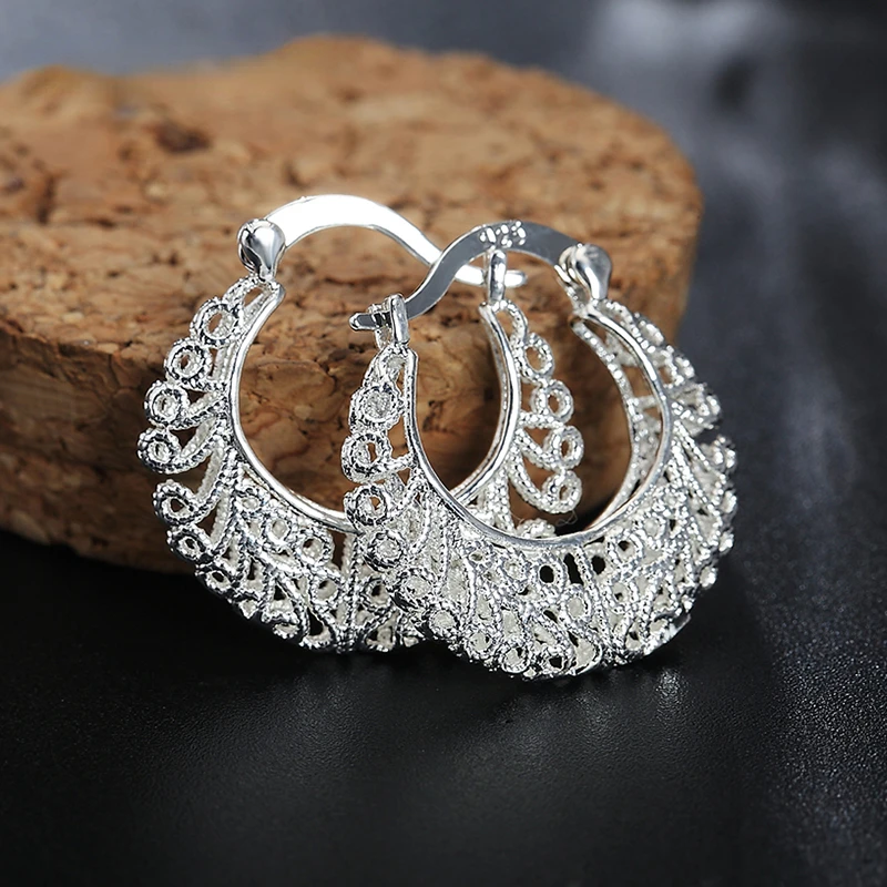 

925 Stamp Silver Weave Hollow Moon Hoop Earring For Women Ear Rings Fashion Jewelry