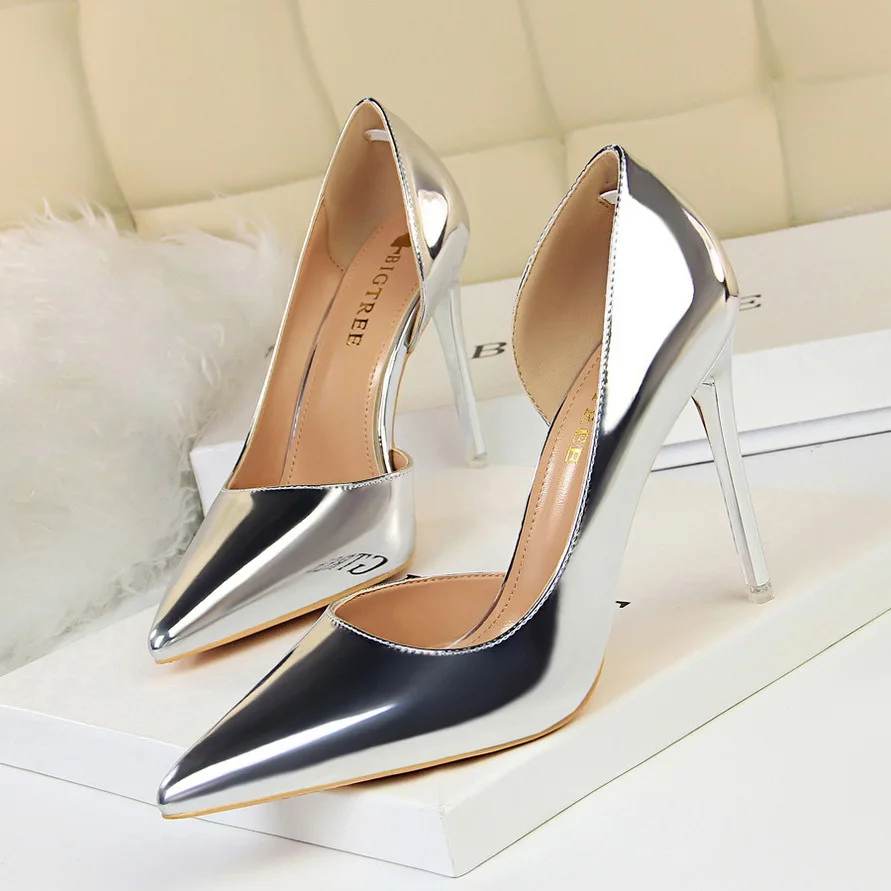 

Simple slim heeled metal shallow cut pointed side cut sexy high heels