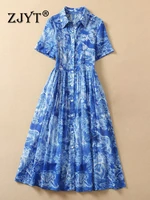 zjyt runway fashion summer print 100 cotton shirt dresses for women short sleeve single breasted vintage holiday vestidos blue