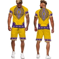 fashion 3d printing africa tracksuits 2 pieces tops and shorts breathable summer man set suit clothes for men sportswear man