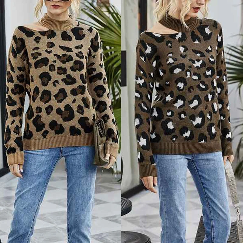 

Женский ажурный свитер с леопардовым принтом, Пуловеры с круглым вырезом и открытыми плечами, джемперы с длинным рукавом, Джерси для женщин