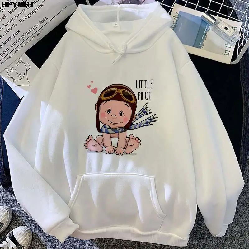 

2022 Street Women pocket drawstring hoodie cute Cartoon Graphics little pilot Prints loose Breathable Spring Autumn Casual Tops