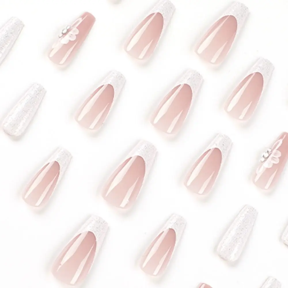 

Nail Tips Press on Nails DIY Full Cover Rhinestone Flower French White Edge Fake Nails