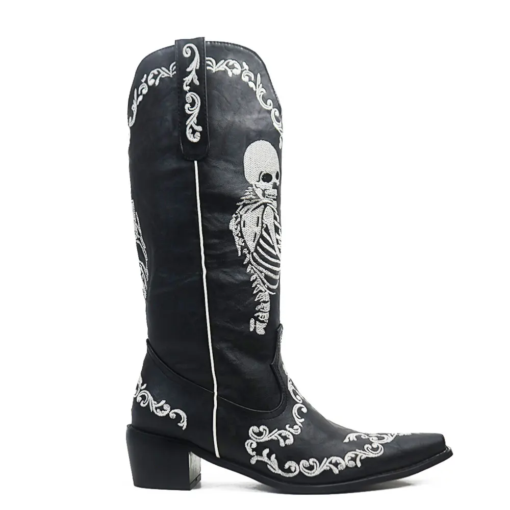 

Gnazhee Women's Skull Skeleton Selfie Cowboy Western Boots Slip-On Goth Autumn Winter Shoes Calf Boot