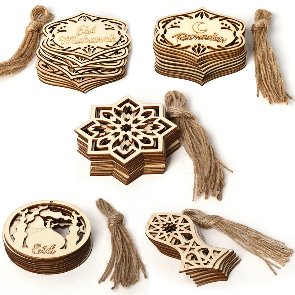 

10pcs Wood Eid Mubarak Pendants Ramadan Dropping DIY Eid Mubarak Decoration Hajj Mubarak Party Supplies Moon Eid Al-Fitr Decor