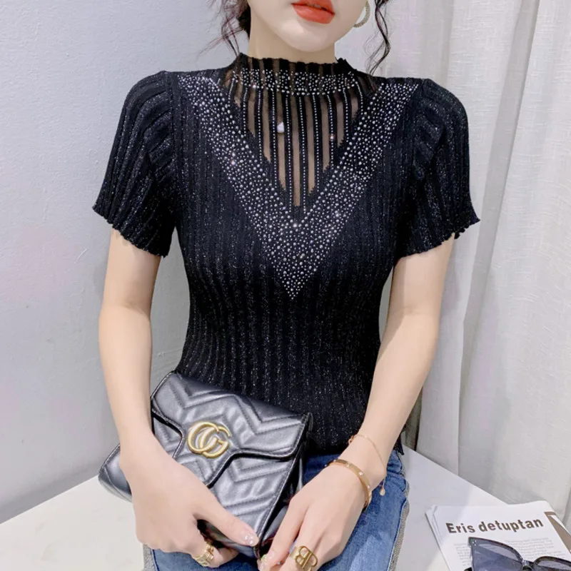 

#6134 Knitted Spliced Mesh Tshirt Women O-neck Diamonds Sexy Short Elastic T-shirt Femme Korean Style Thin Tight Tee Solid Color